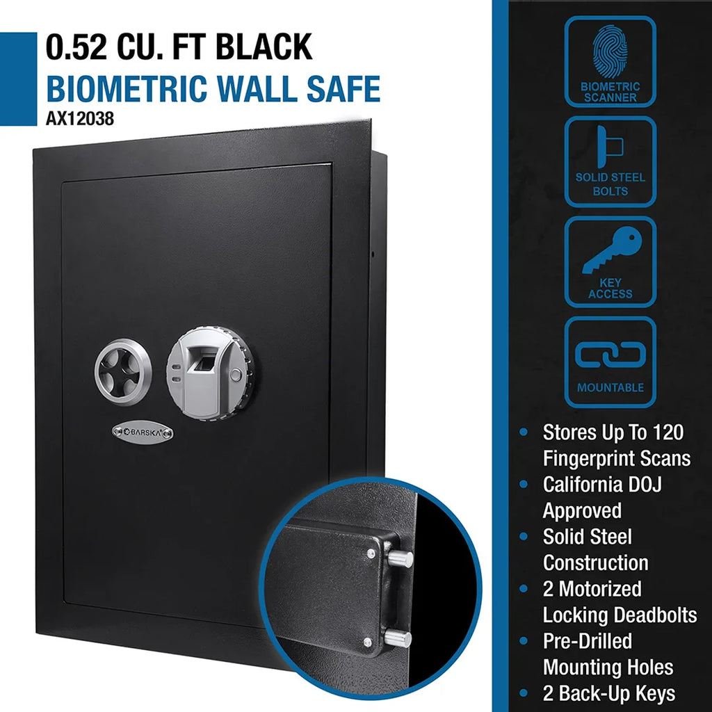Barska 0.52 Cu. ft Black Biometric Wall Safe, Right Opening AX12038 | Left Opening AX13034