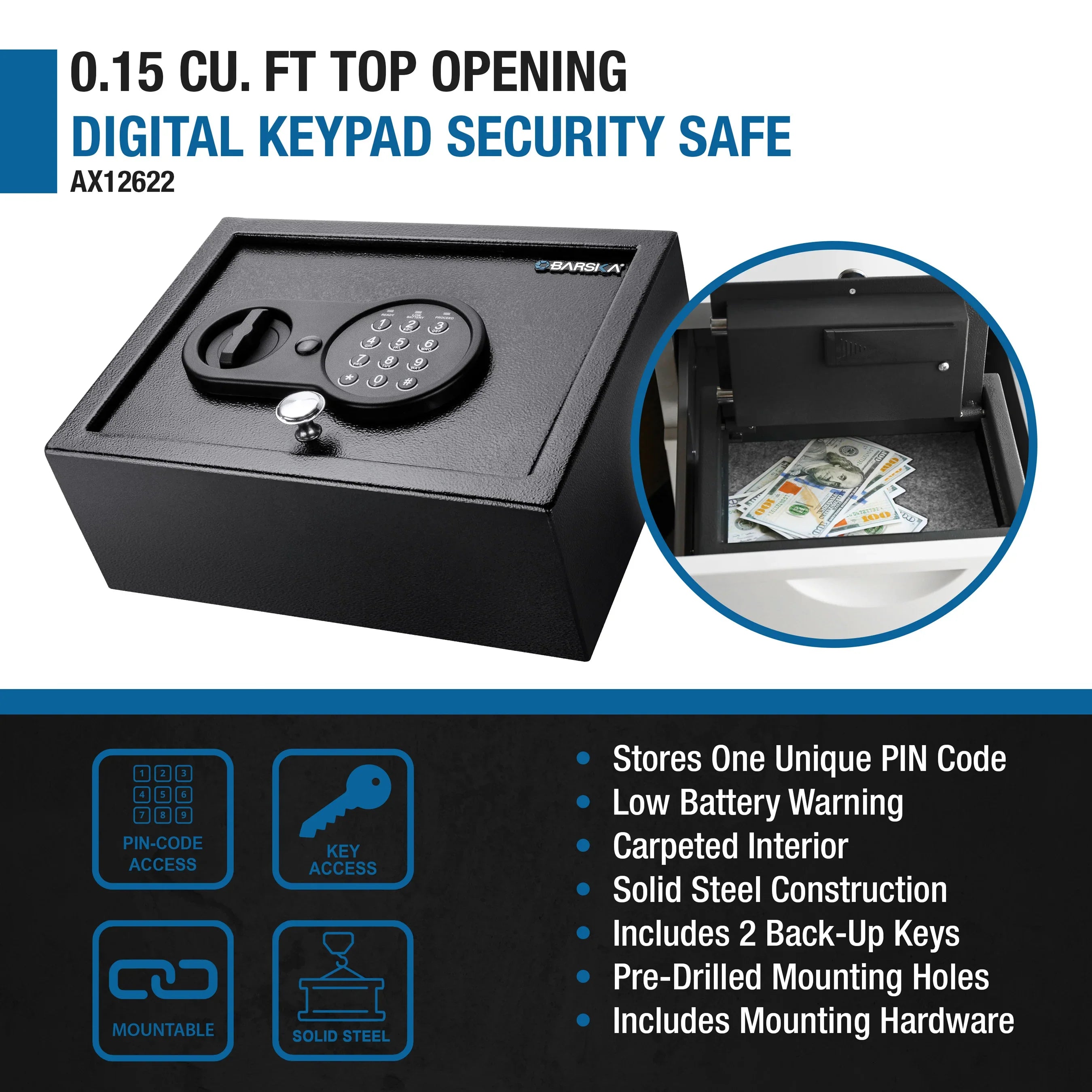 Barska 0.15 Cu. ft Top Opening Keypad Security Safe | AX12622