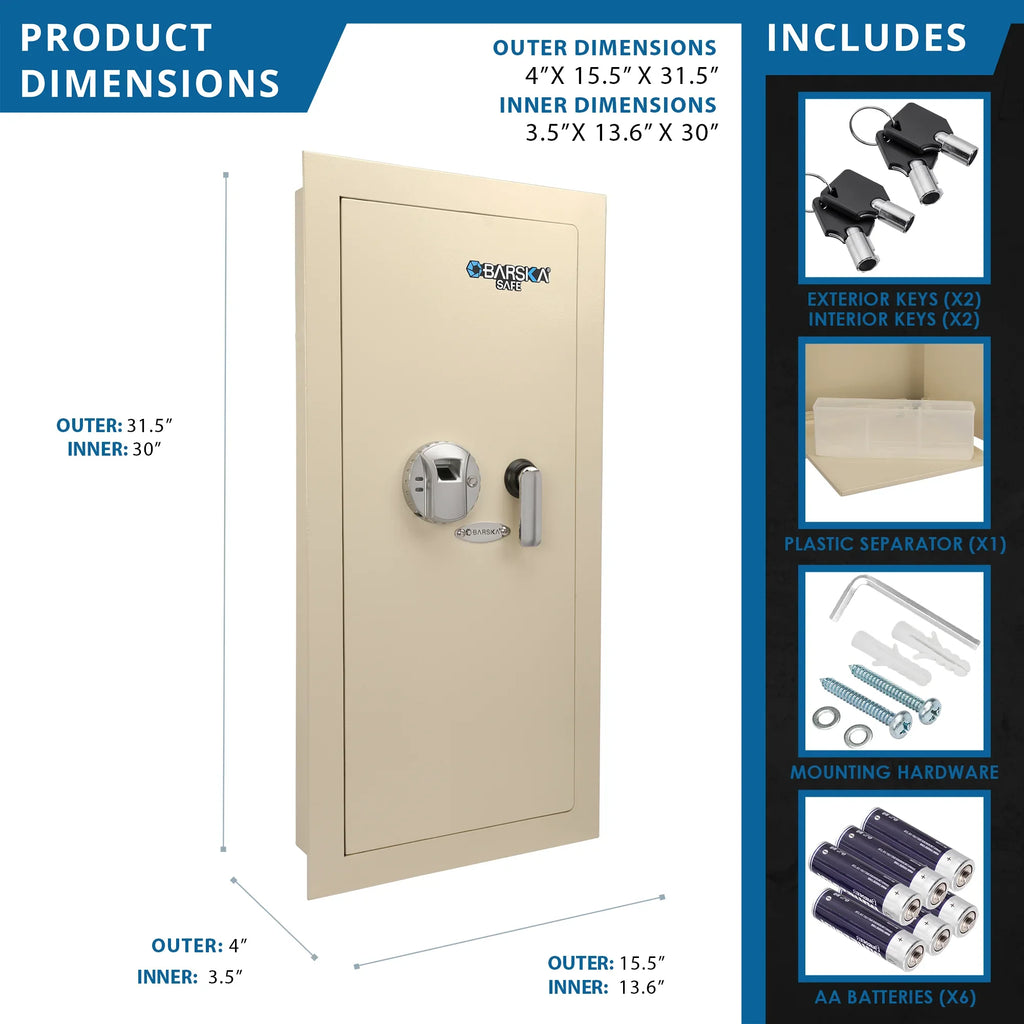 Barska Large Beige Biometric Wall Safe, Right Opening  AX12408 | Left Opening AX12880
