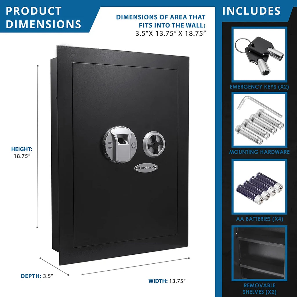 Barska 0.52 Cu. ft Black Biometric Wall Safe, Right Opening AX12038 | Left Opening AX13034