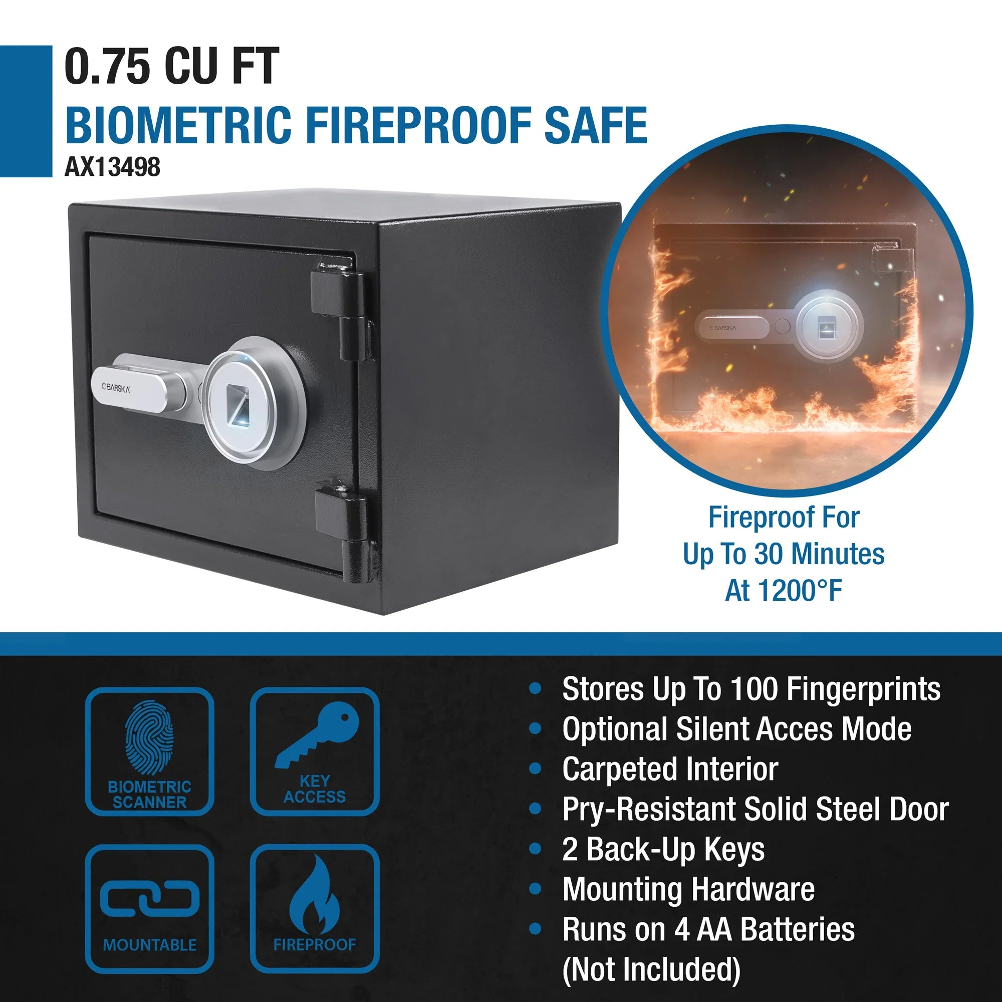 Barska 0.75 Cu. ft Biometric Fireproof Security Safe, Black | AX13498
