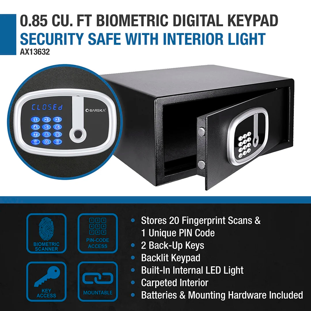 Barska 0.85 Cu. ft Biometric Digital Keypad Security Safe with Interior Light | AX13632