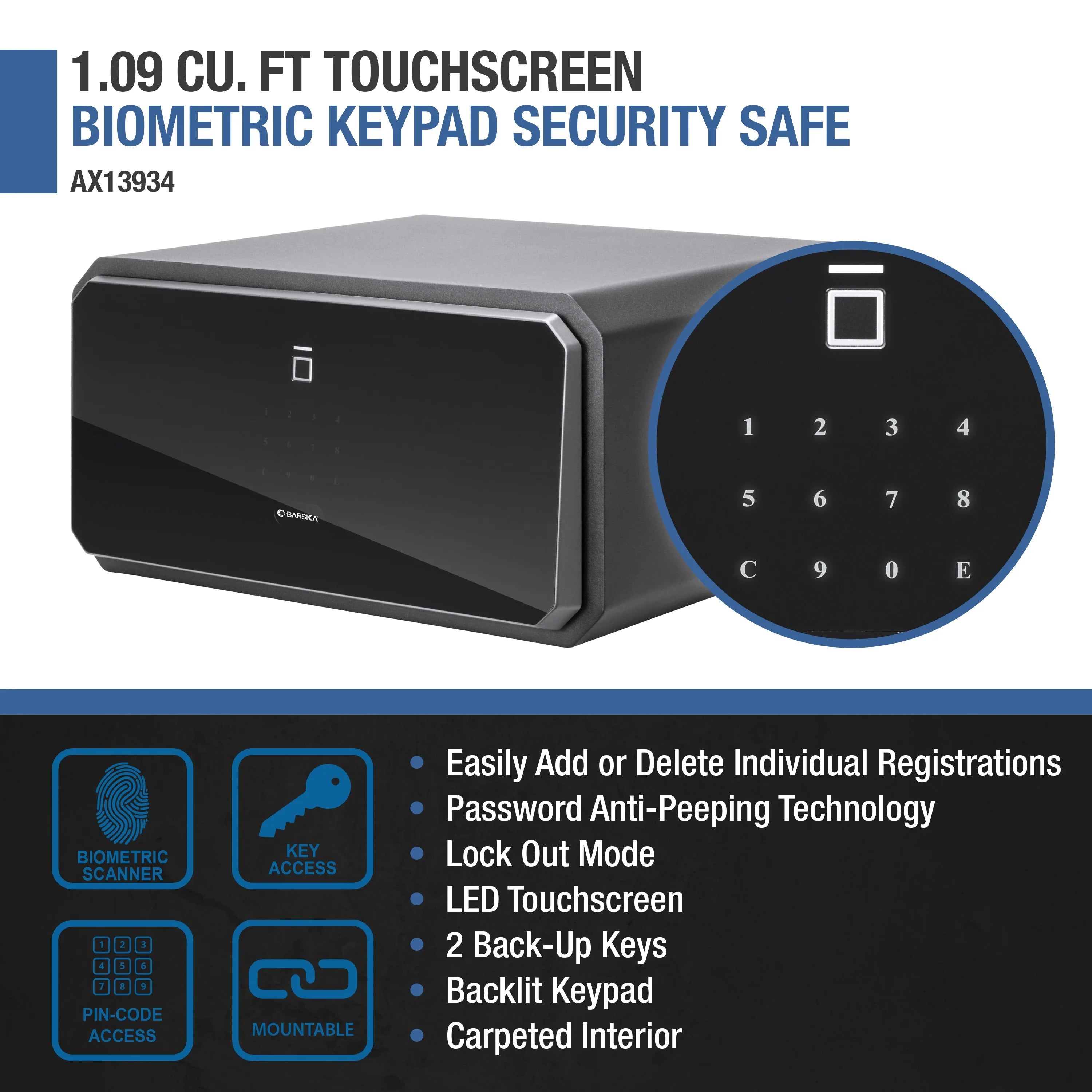Barska 1.09 Cu. ft Touchscreen Biometric Keypad Security Safe | AX13934