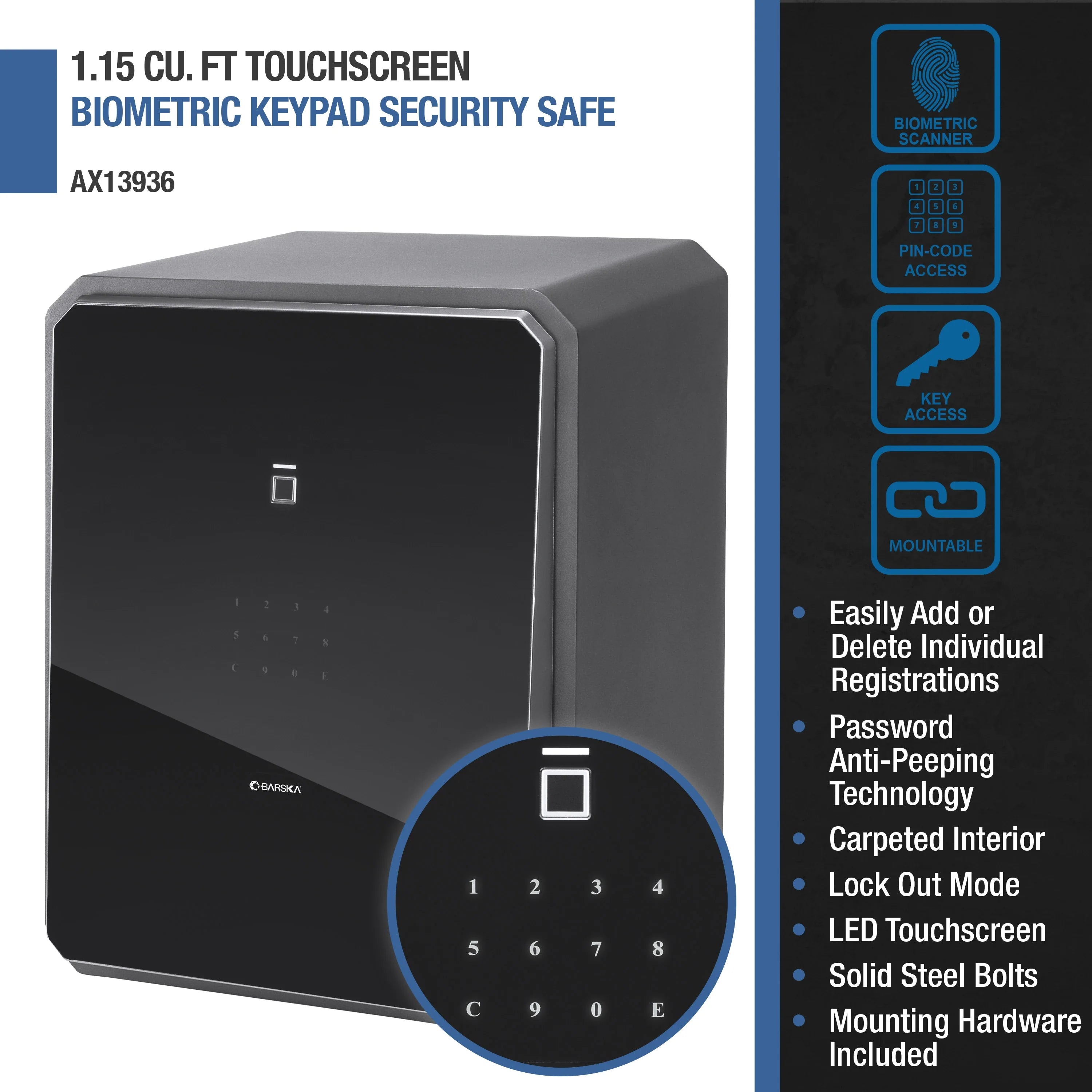 Barska 1.5 Cu. ft Touchscreen Biometric Keypad Security Safe | AX13936