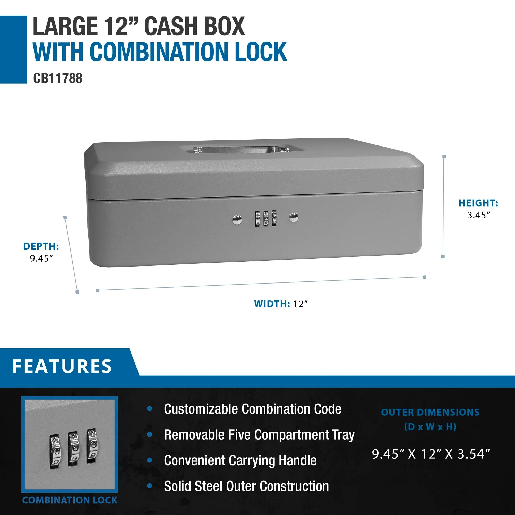 Barska Large 12" Cash Box with Combination Lock | CB11788