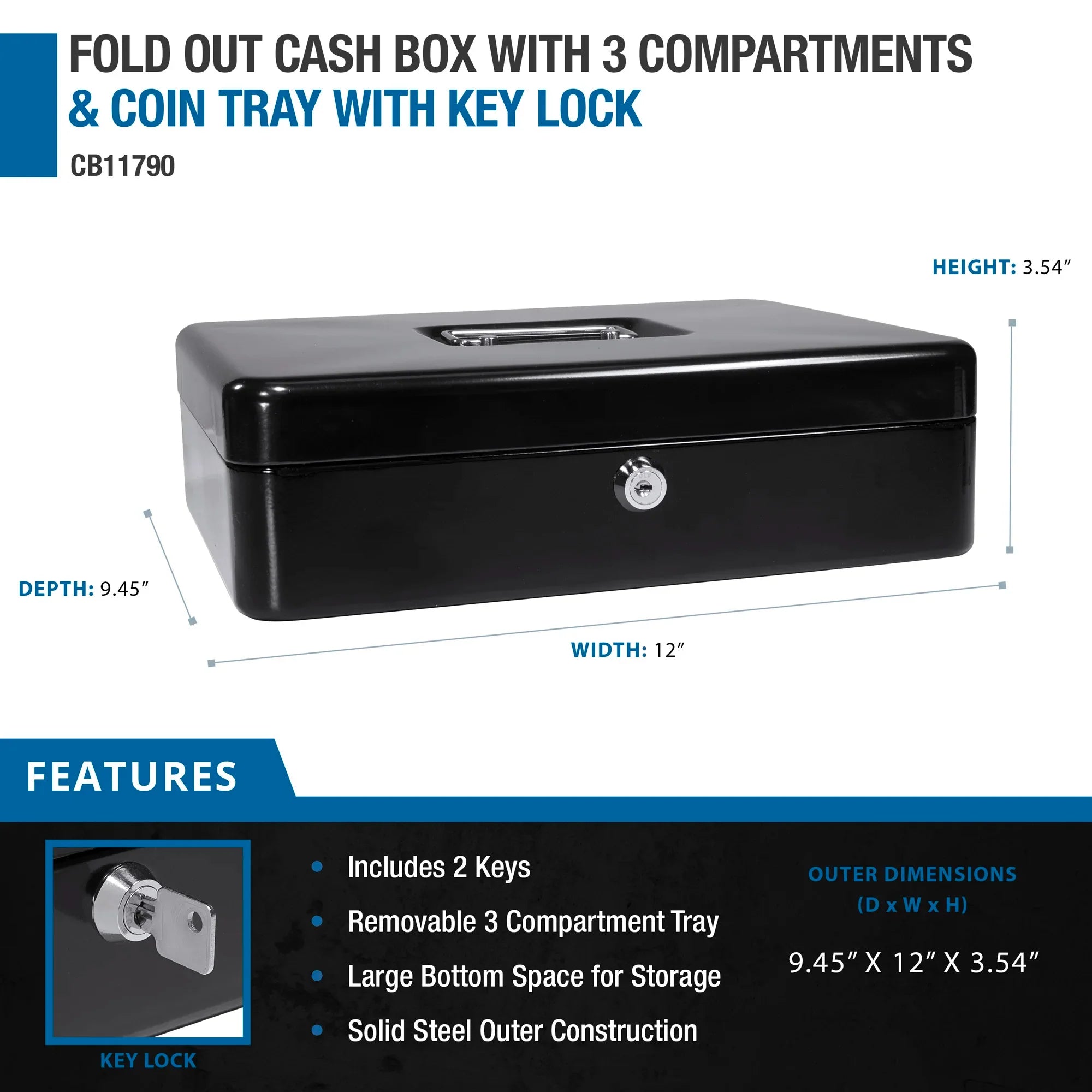 Barska Cash Box with Three Compartments and Coin Tray with Key Lock | CB11790