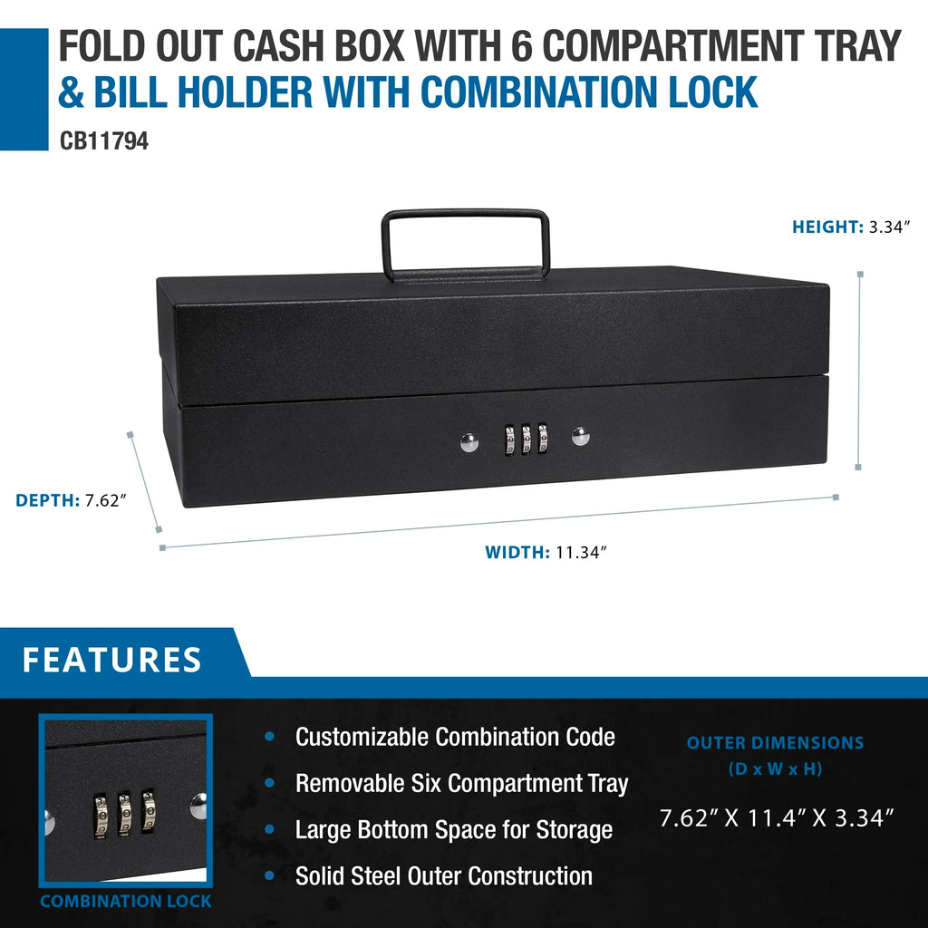 Barska Fold Out Cash Box with Six Compartment Tray and Bill Holder with Combination Lock | CB11794