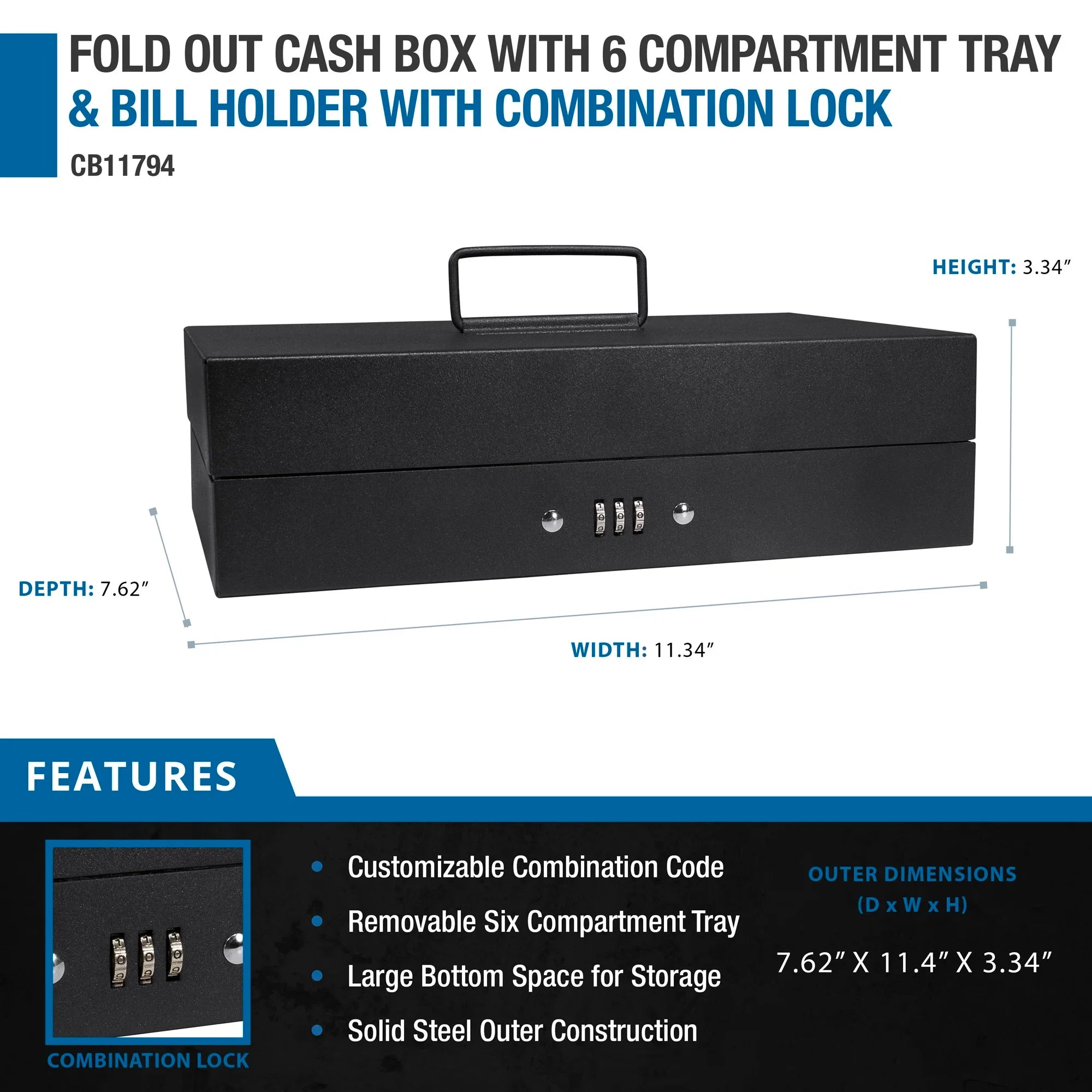 Barska Fold Out Cash Box with Six Compartment Tray and Bill Holder with Combination Lock | CB11794