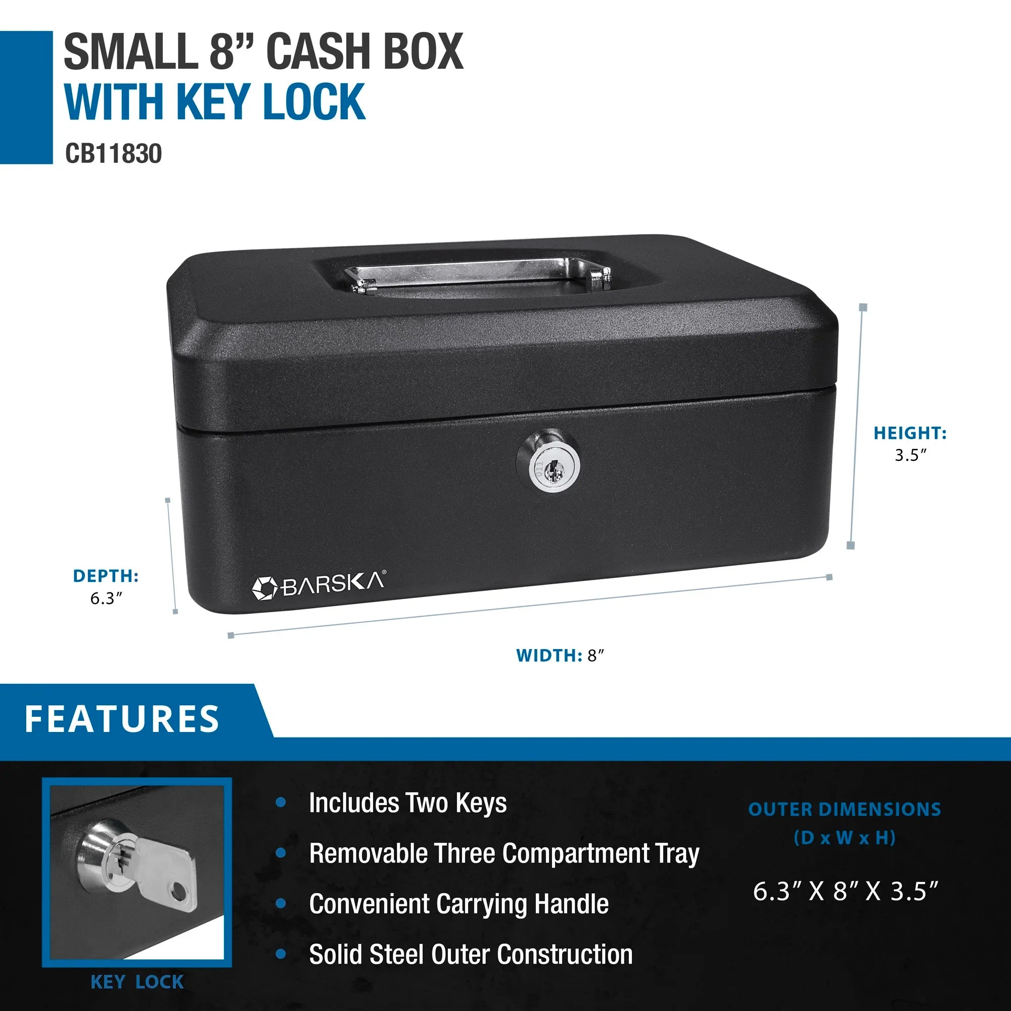 Barska Small 8" Cash Box with Key Lock | CB11830