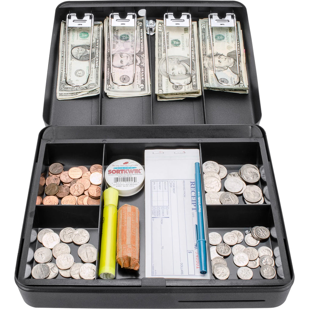 Barska Fold Out Cash Box with Five Compartment Tray, Bill Holder, and Drop Slot with Key Lock | CB13052