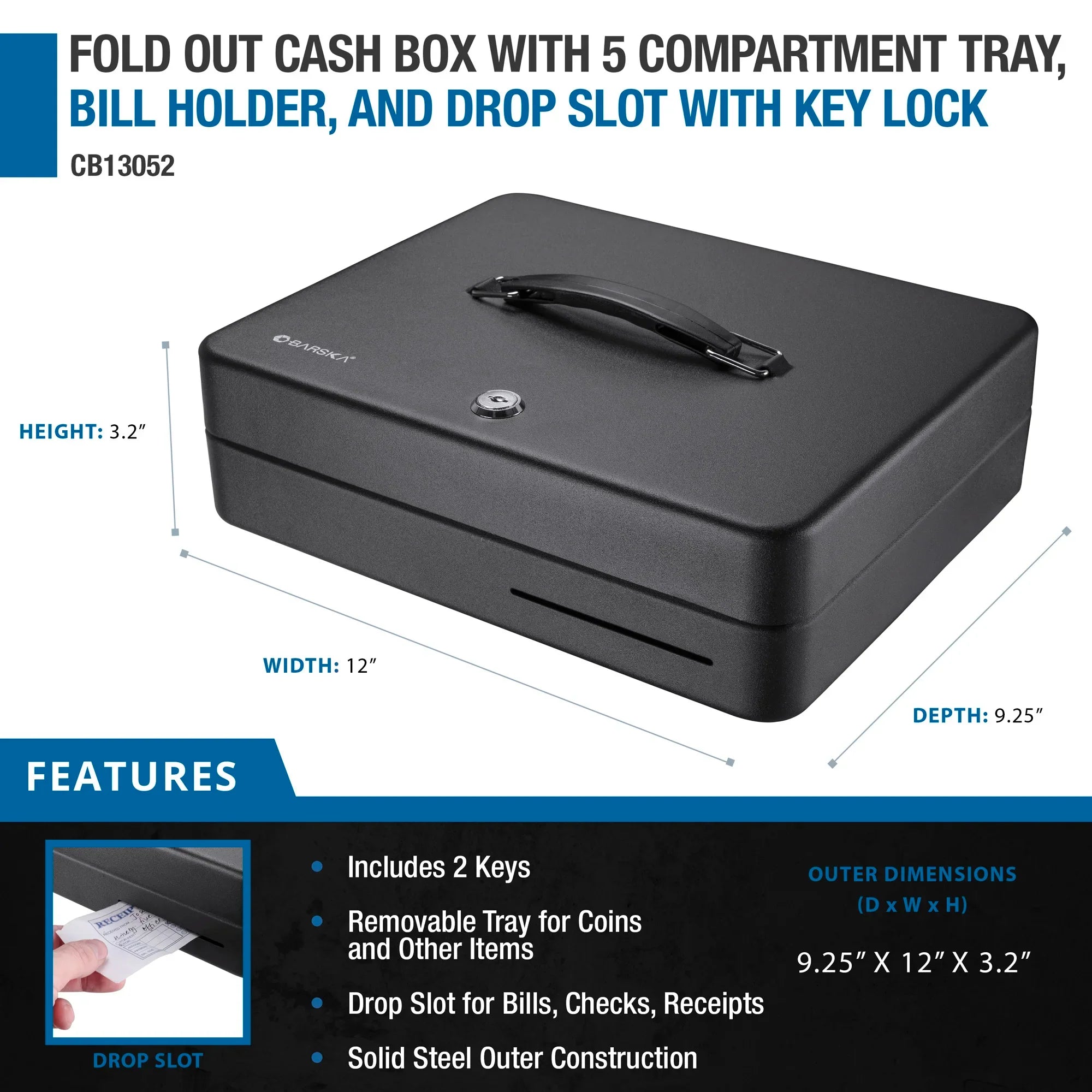 Barska Fold Out Cash Box with Five Compartment Tray, Bill Holder, and Drop Slot with Key Lock | CB13052