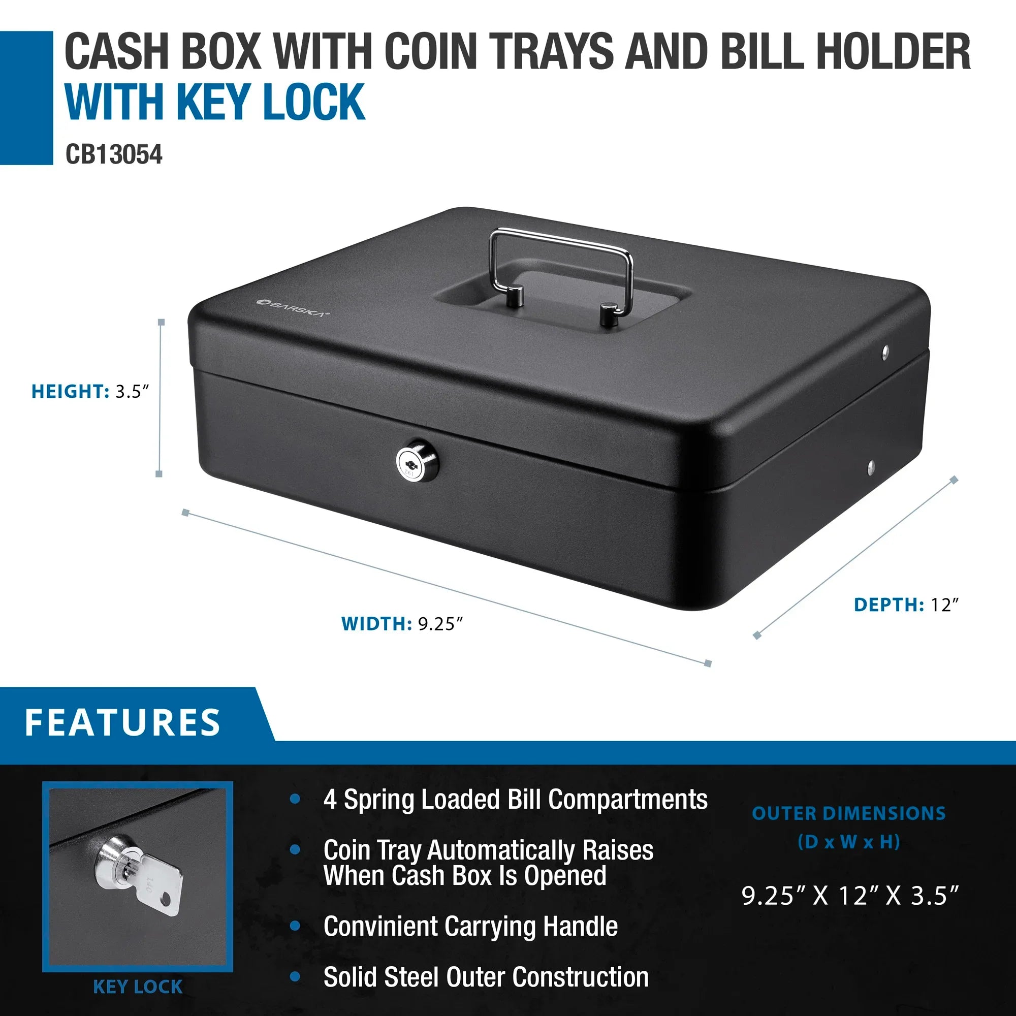 Barska Cash Box with Coin Trays and Bill Holder with Key Lock | CB13054