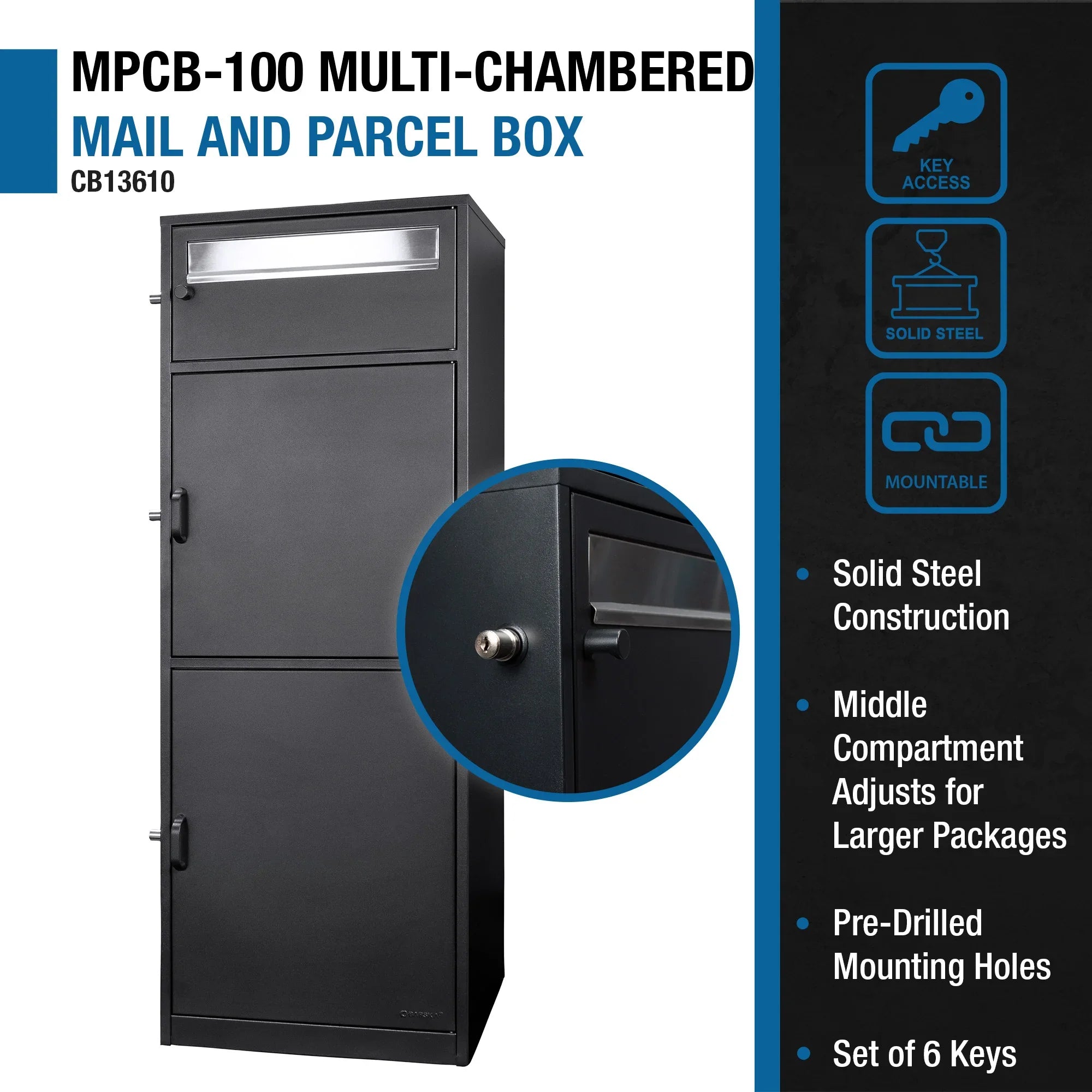 Barska MPCB-100 Three Compartment Locking Mail and Parcel Box with Package Compartments | CB13610