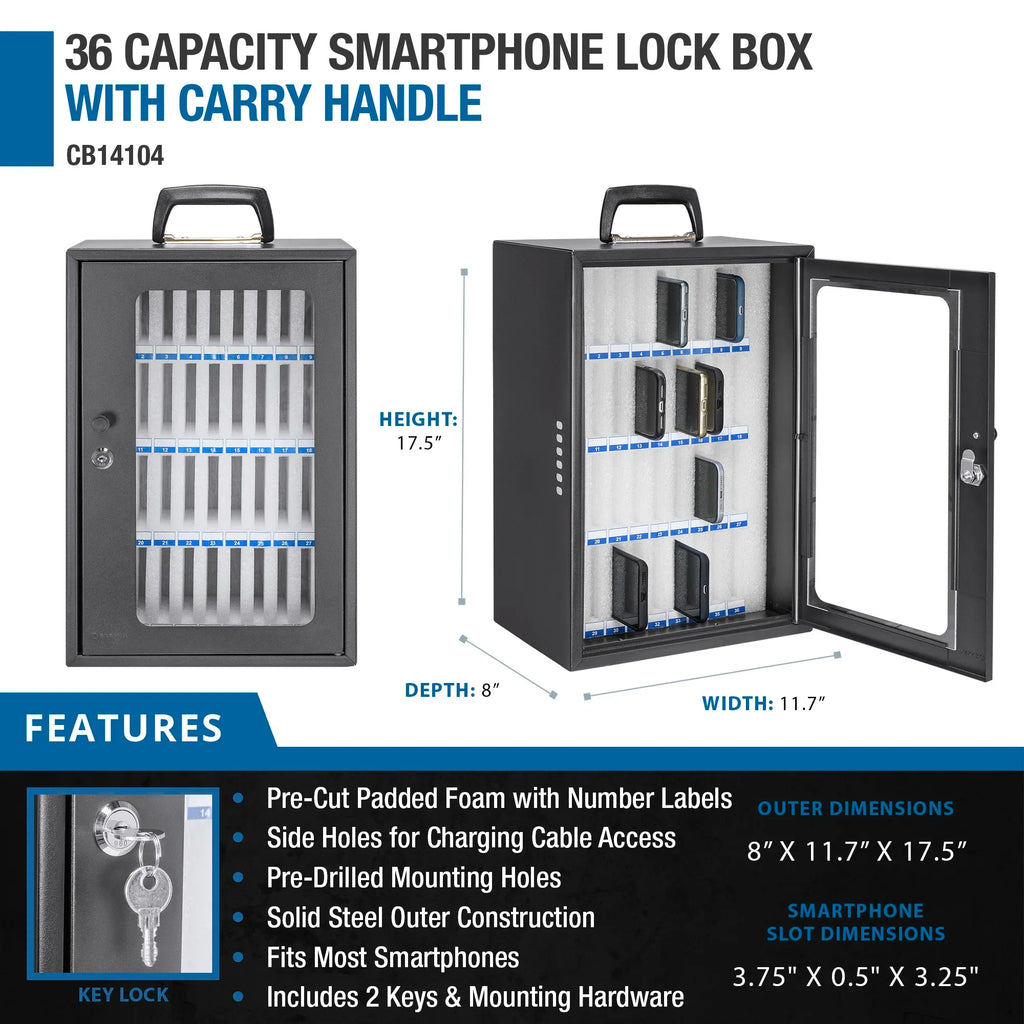 Barska 36 Capacity Smartphone Lock Box with Key Lock & Carry Handle | CB14104