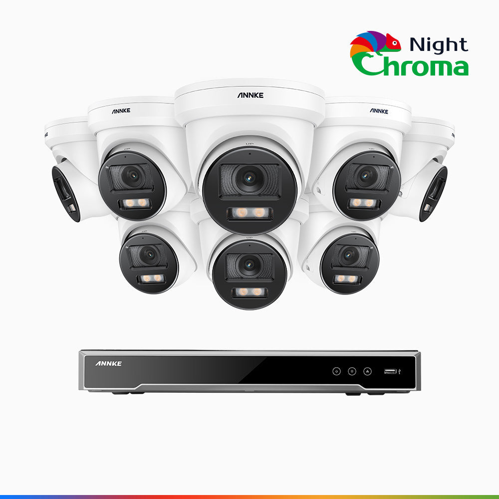 Annke NightChroma NCK800 – 4K 8 Channel 8 Cameras PoE Security System, f/1.0 Super Aperture, Color Night Vision, 2CH 4K Decoding Capability, Human & Vehicle Detection, Intelligent Behavior Analysis, Built-in Mic, 124° FoV, All-Metal Housing