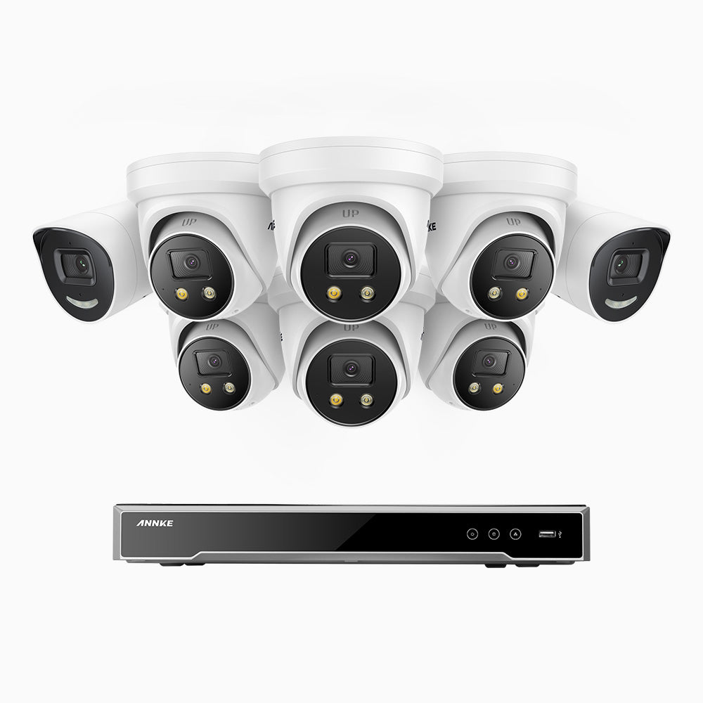 Annke H800X - 4K 8 Channel PoE Security System with 2 Bullet & 6 Turret Cameras, 1/1.8'' BSI Sensor, f/1.6 Aperture (0.003 Lux), Siren & Strobe Alarm,Two-Way Audio, Human & Vehicle Detection, Perimeter Protection, All-Metal Housing