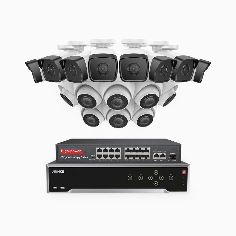 Annke H500 - 3K 32 Channel PoE Security System with 8 Bullet & 8 Turret Cameras, EXIR 2.0 Night Vision, Built-in Mic & SD Card Slot, Works with Alexa, 16-Port PoE Switch Included ,IP67 Waterproof, RTSP Supported