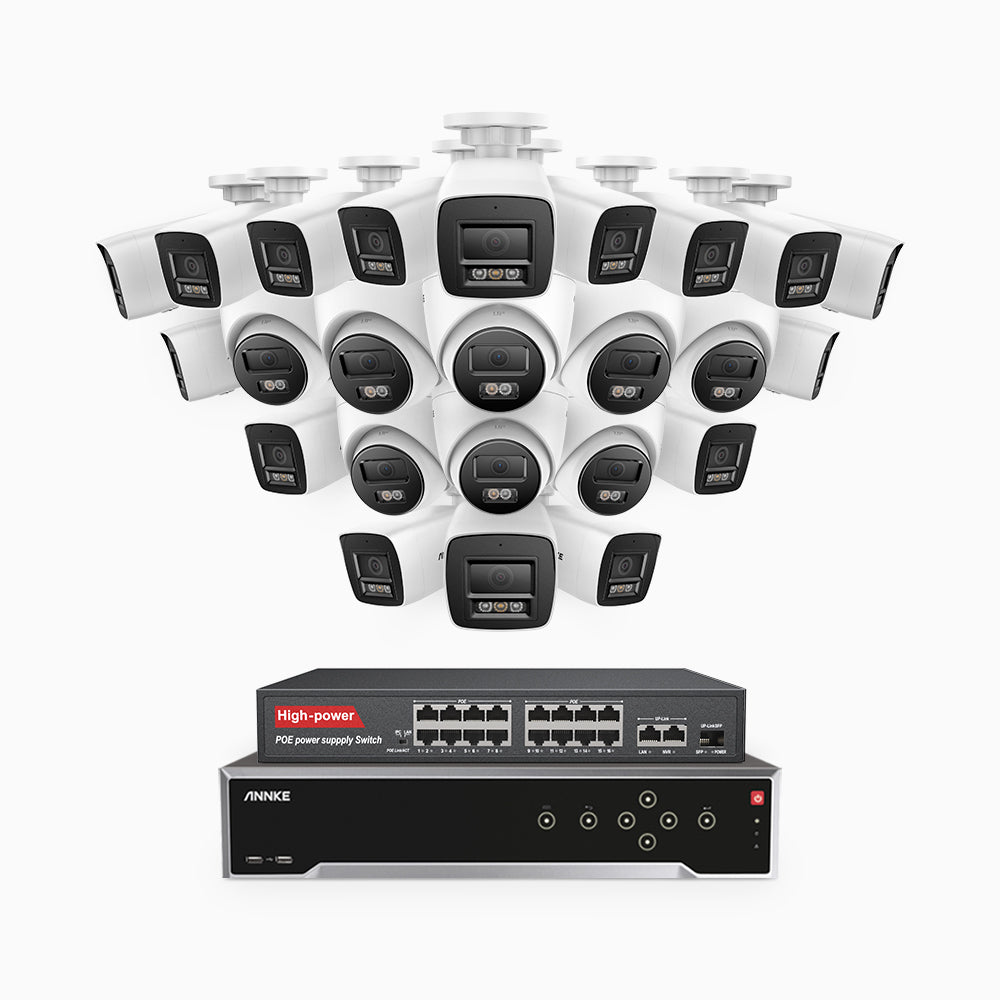 Annke H800 - 4K 32 Channel PoE Security System with 16 Bullet & 8 Turret Cameras, Human & Vehicle Detection, Color & IR Night Vision, Built-in Mic, RTSP Supported, 16-Port PoE Switch Included