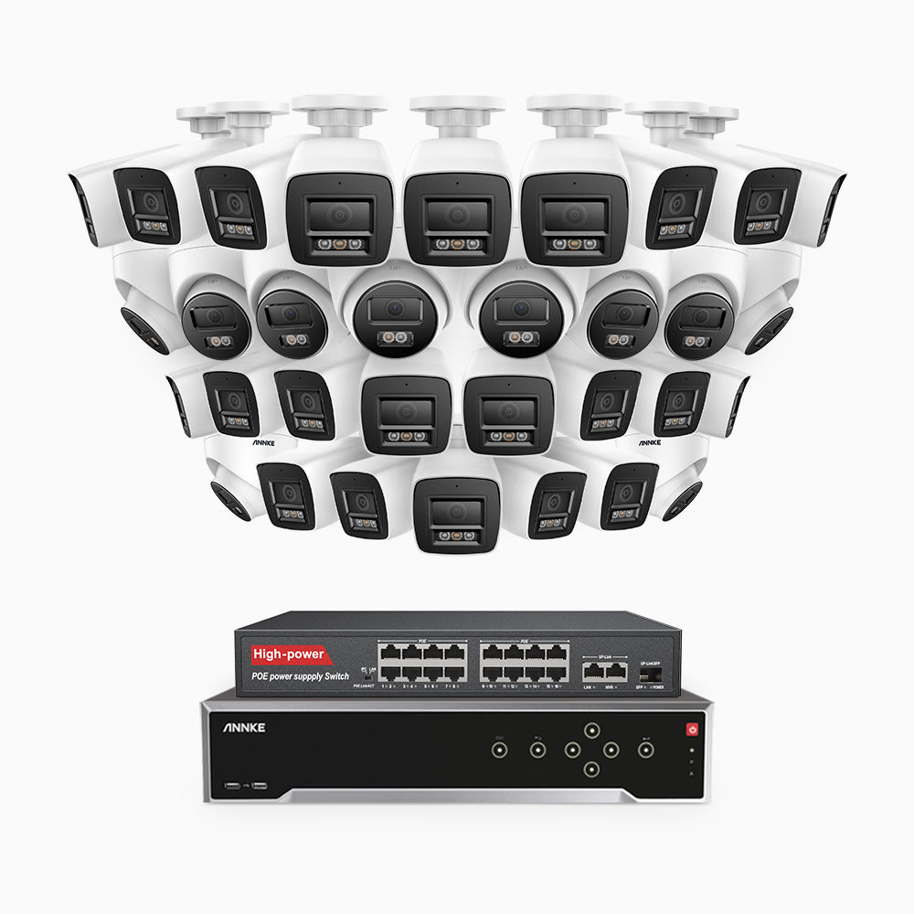 Annke H800 - 4K 32 Channel PoE Security System with 22 Bullet & 10 Turret Cameras, Human & Vehicle Detection, Color & IR Night Vision, Built-in Mic, RTSP Supported, 16-Port PoE Switch Included