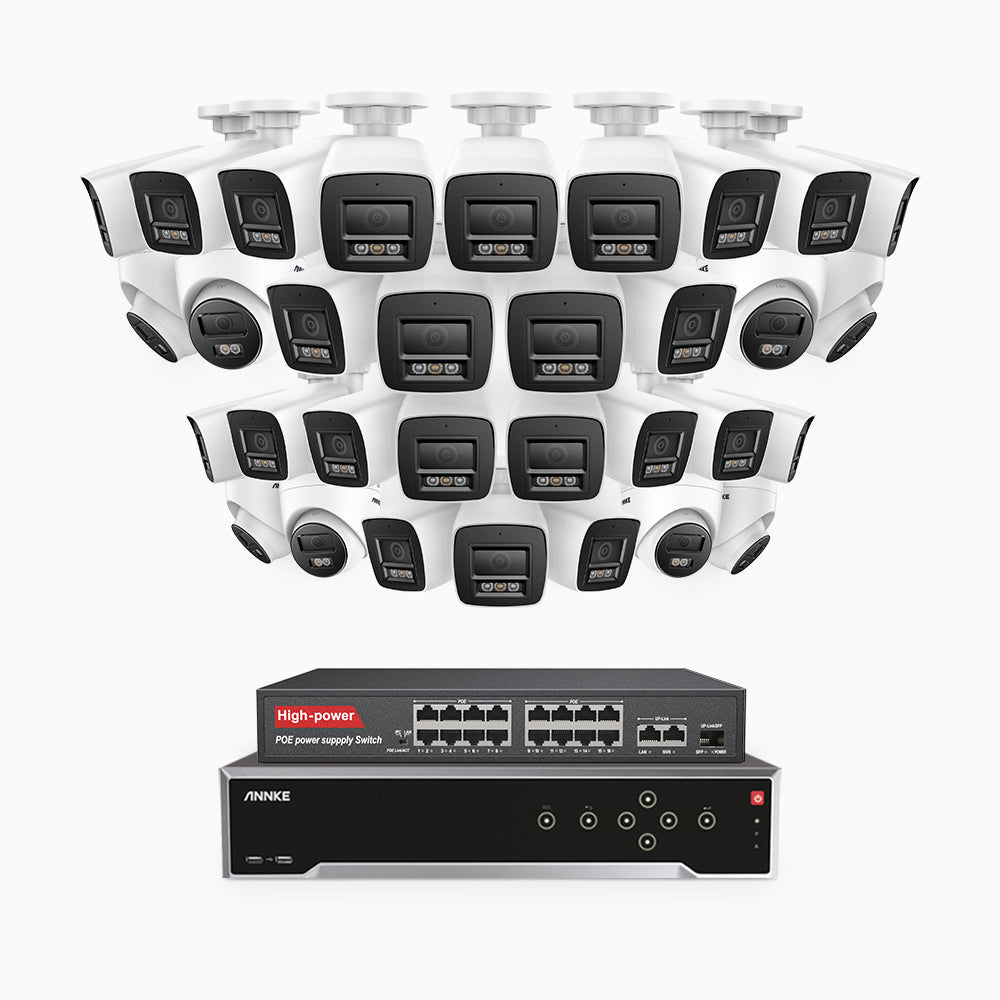 Annke H800 - 4K 32 Channel PoE Security System with 24 Bullet & 8 Turret Cameras, Human & Vehicle Detection, Color & IR Night Vision, Built-in Mic, RTSP Supported, 16-Port PoE Switch Included