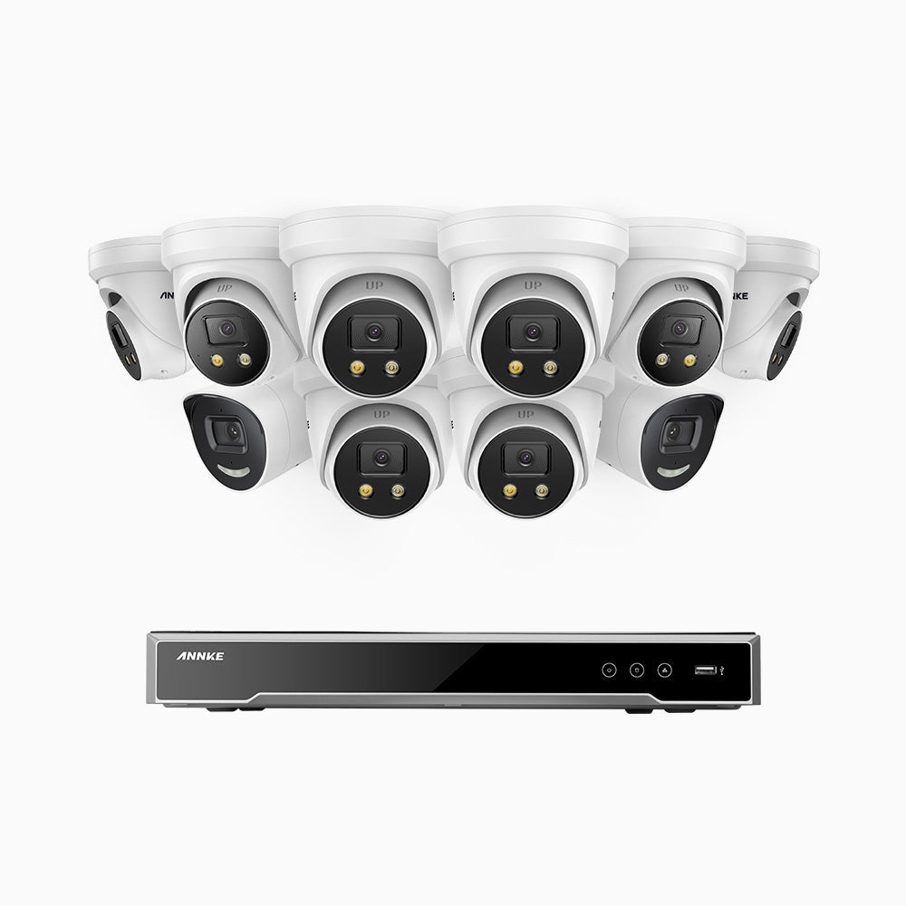 Annke H800X - 4K 16 Channel PoE Security System with 2 Bullet & 8 Turret Cameras, 1/1.8'' BSI Sensor, f/1.6 Aperture (0.003 Lux), Siren & Strobe Alarm,Two-Way Audio, Human & Vehicle Detection, Perimeter Protection, All-Metal Housing